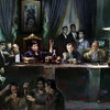 Peinture représentant un groupe d'hommes rassemblés autour d'un bar ou d'une table dans une pièce faiblement éclairée.