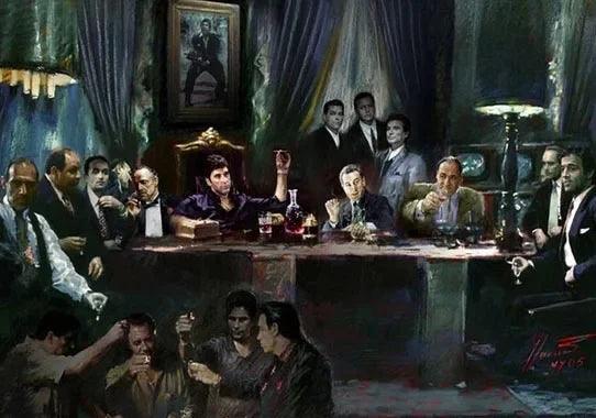 Peinture représentant un groupe d'hommes rassemblés autour d'un bar ou d'une table dans une pièce faiblement éclairée.