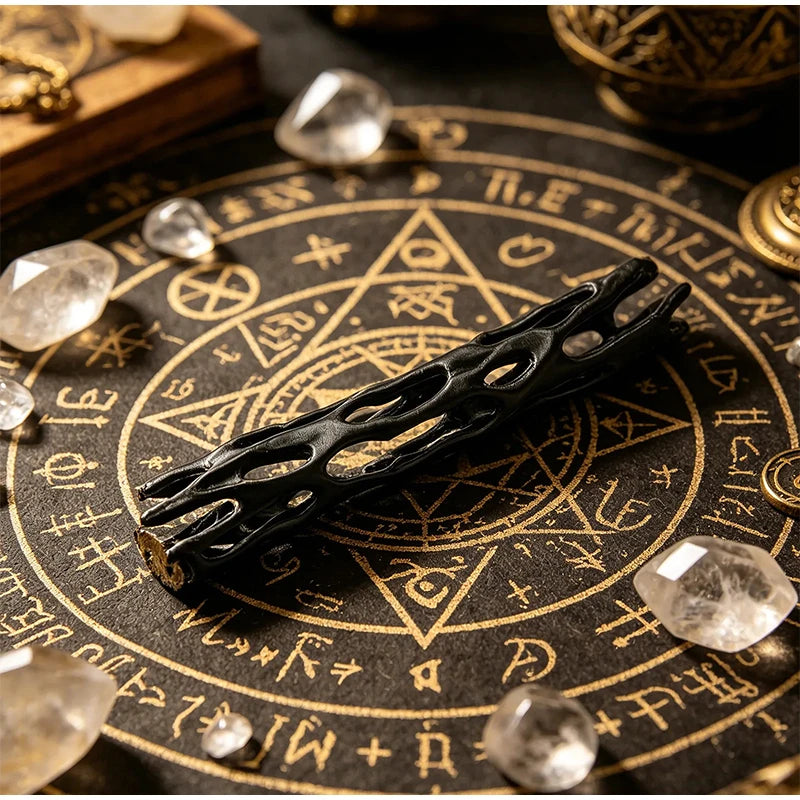 A black wishing willow stick with a breakable wish box resting on an old map or parchment.