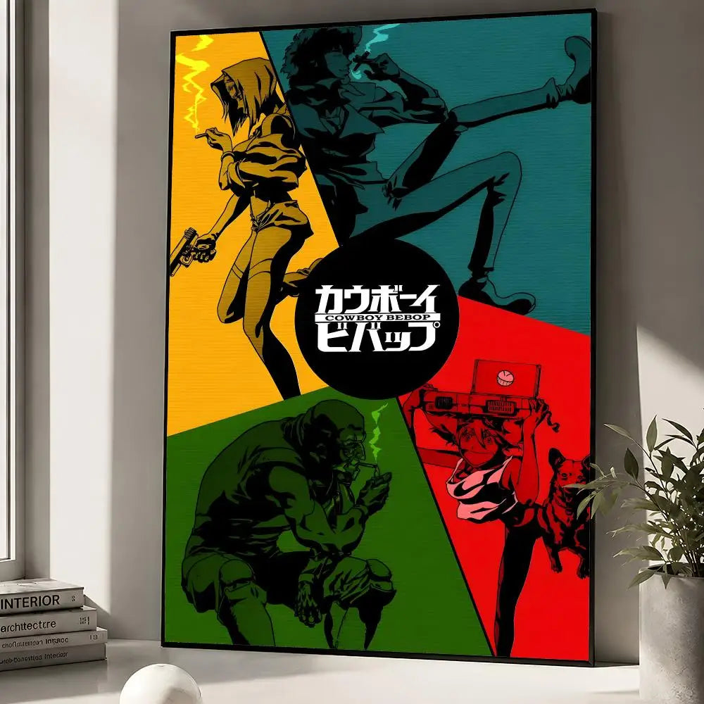 A vertical poster featuring characters from Cowboy Bebop in a dynamic, stylized illustration with yellow, black, and teal ton
