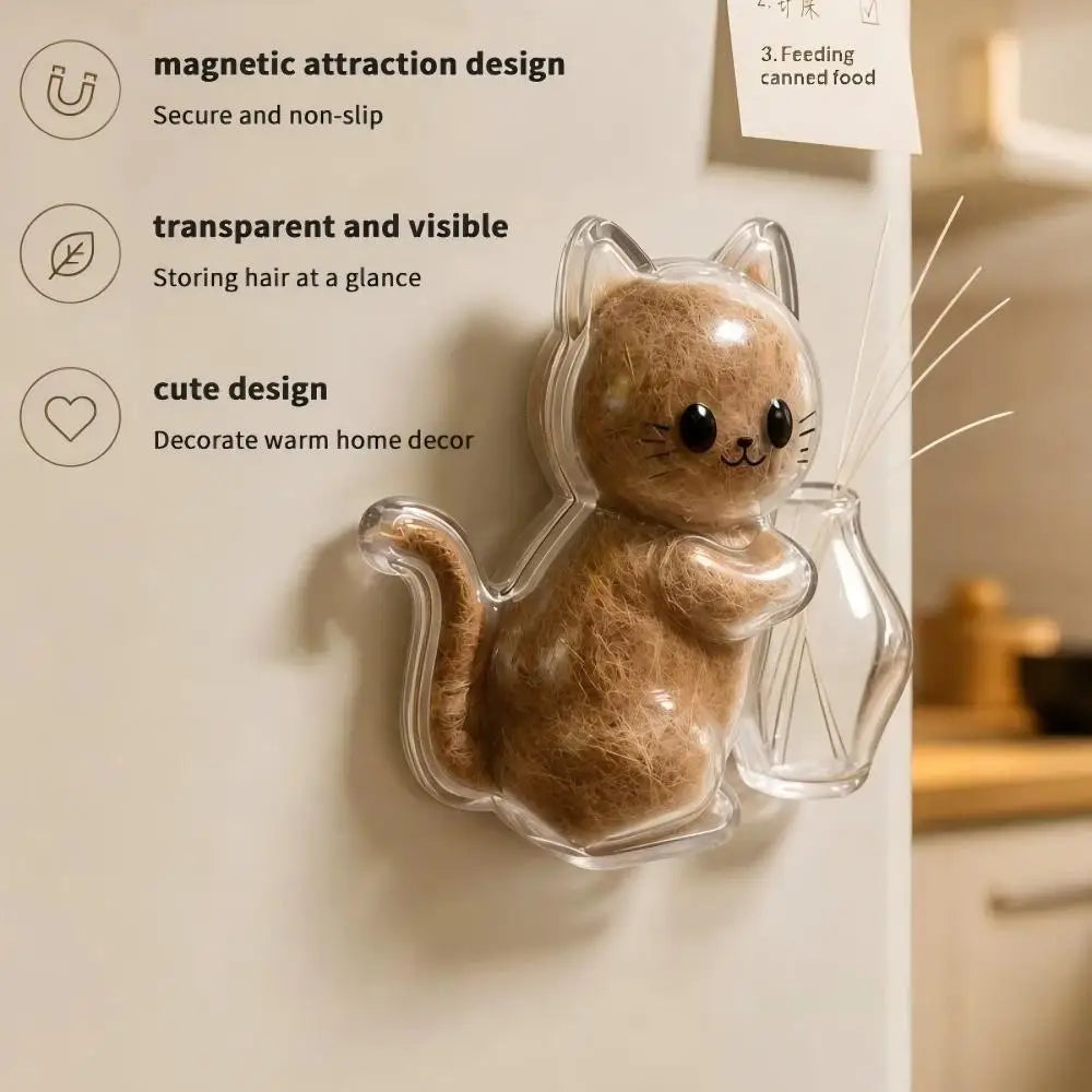 A clear capsule cat figurine with whiskers is displayed on a refrigerator, featuring a magnetic attraction design.