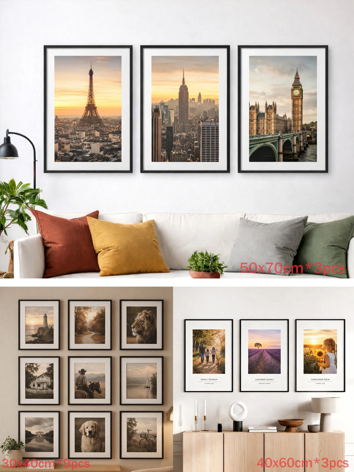 A display of various framed photographs in black frames on a wooden surface.