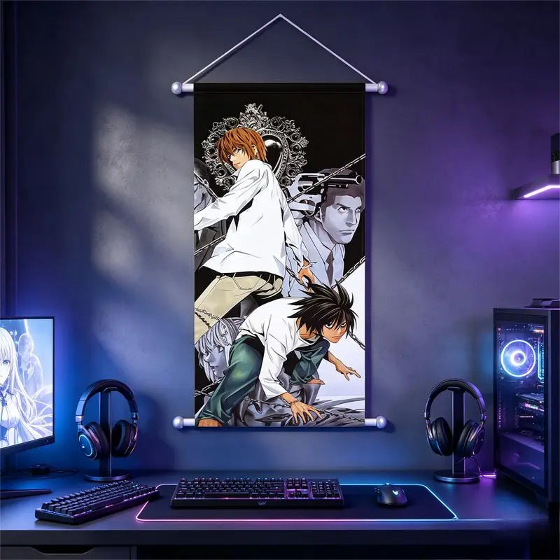 Death Note anime hanging scroll tapestry featuring characters from the series displayed on a dark wall.