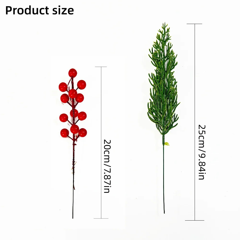 A vertical display of artificial Christmas berry stems with pine branches showing the product size.