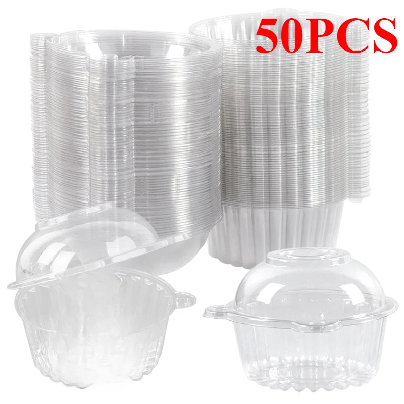 A set of 50 clear plastic dessert packaging boxes for cakes and confections.