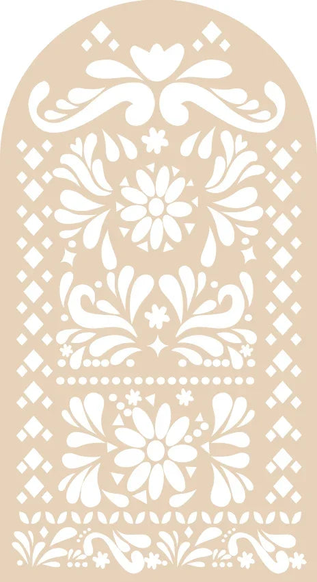 A beige background featuring white floral and geometric patterns suitable for an event backdrop.
