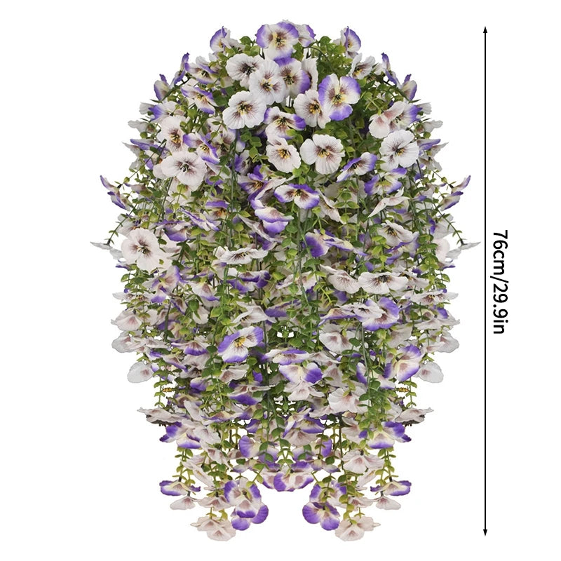 A vertical arrangement of purple and white silk morning glory vine hanging flowers for home decor.