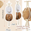 Macrame hat hanger showing a white and brown wide brim hat displayed for wall storage