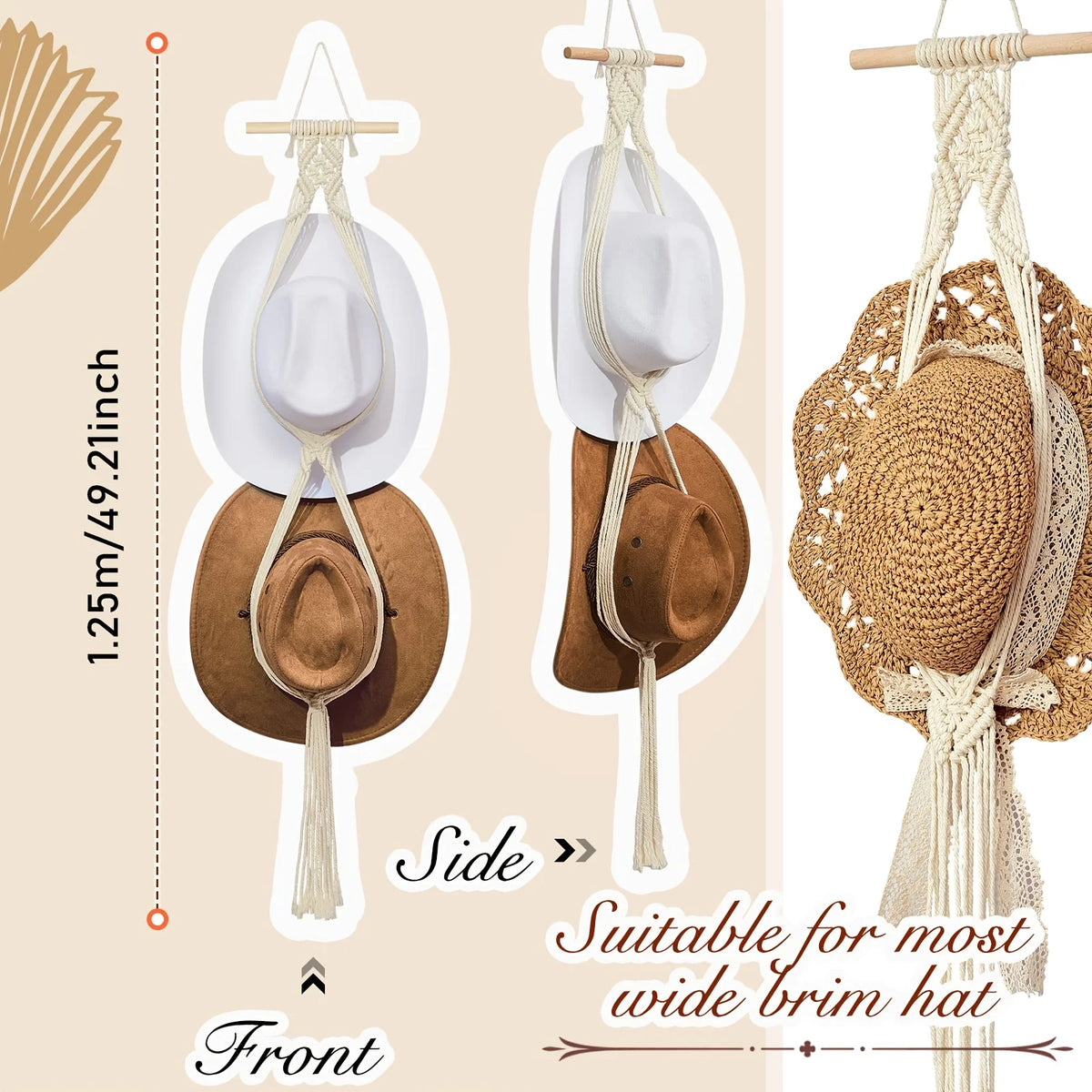 Macrame hat hanger showing a white and brown wide brim hat displayed for wall storage