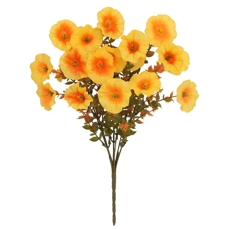 A bouquet of vibrant orange and yellow artificial pansy flowers on a dark stem.