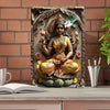 A metal wall art statue of Goddess Durga Lakshmi seated in a lotus, adorned with flowers and jewelry.