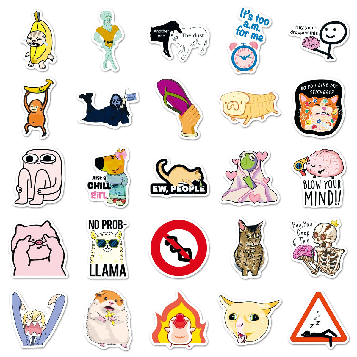 A collection of funny meme graffiti stickers featuring various animals and characters.