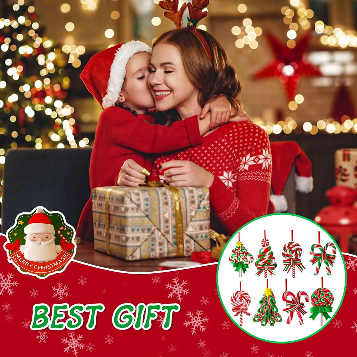 A woman in a red sweater is hugging a child while sitting next to a wrapped gift, with Christmas lights and ornaments in the 