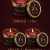 Set of two The Lovers candles in gold tins with red wax and dried fruit, presented as a single tin or set of two for sale.