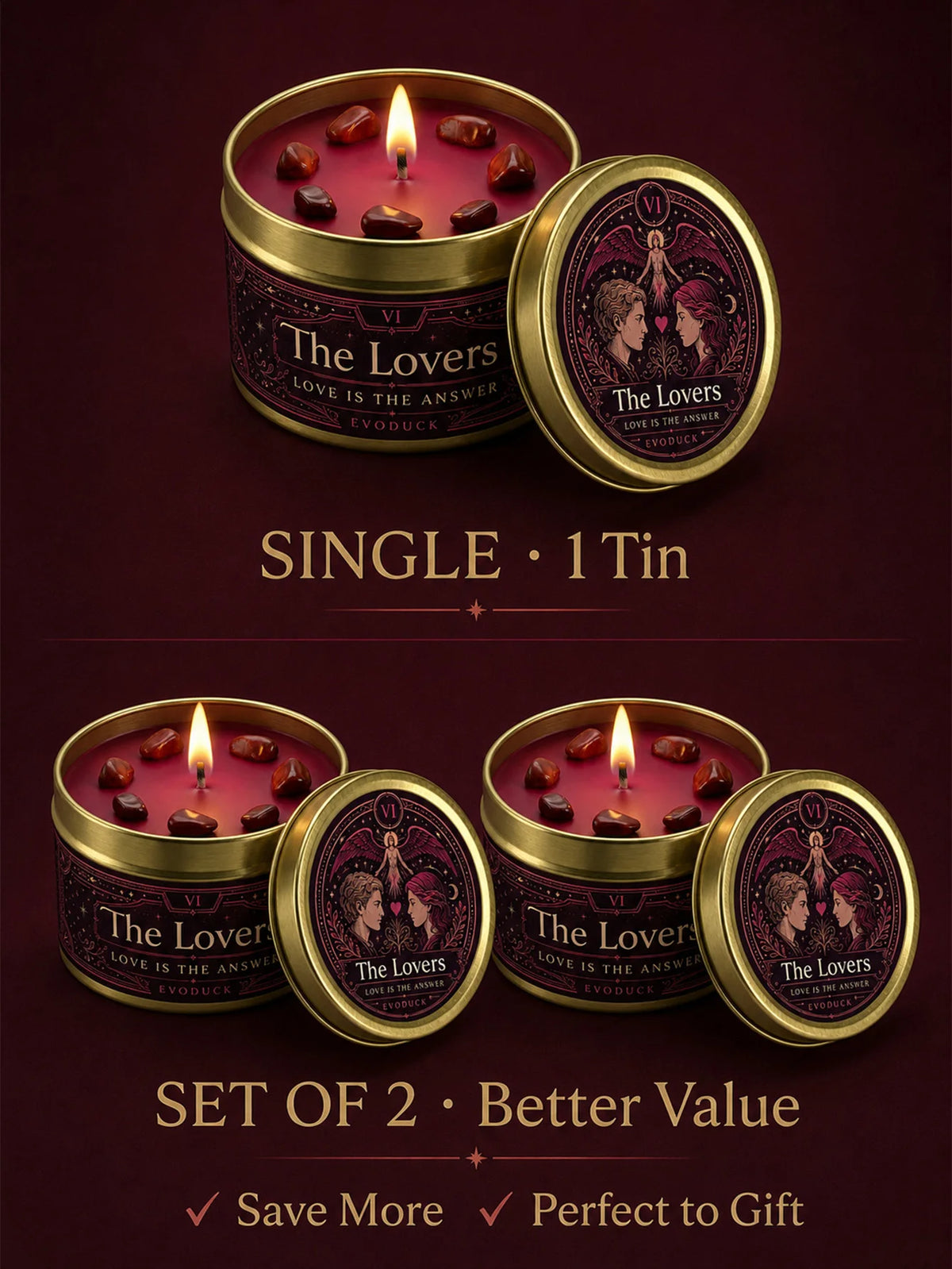Set of two The Lovers candles in gold tins with red wax and dried fruit, presented as a single tin or set of two for sale.