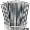 A close-up view of a pack of silver biodegradable paper drinking straws.