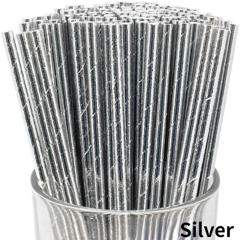 A close-up view of a pack of silver biodegradable paper drinking straws.