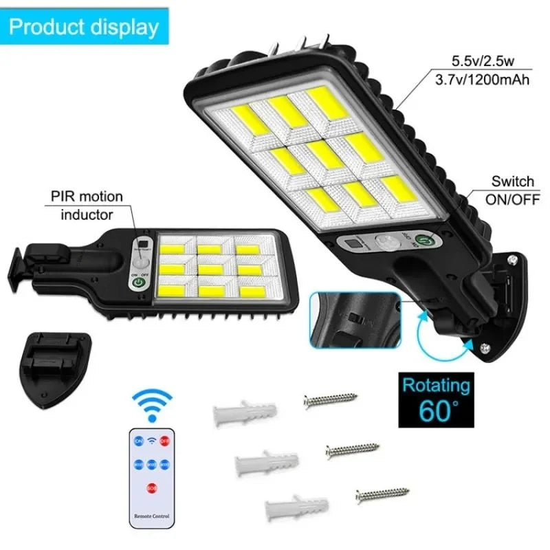 A product display showing a solar powered motion sensor security light with 108 LED bulbs and related components.