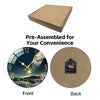 Front and back views of a pre-assembled rustic wooden wall clock with an Earth landscape design.
