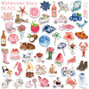 A collection of watercolor stickers featuring various fruits, animals, and natural elements for DIY projects.