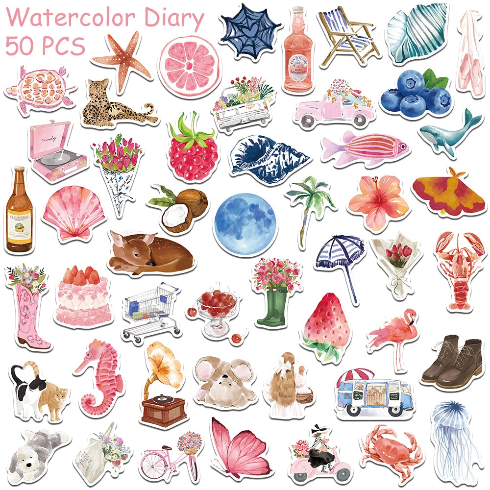 A collection of watercolor stickers featuring various fruits, animals, and natural elements for DIY projects.