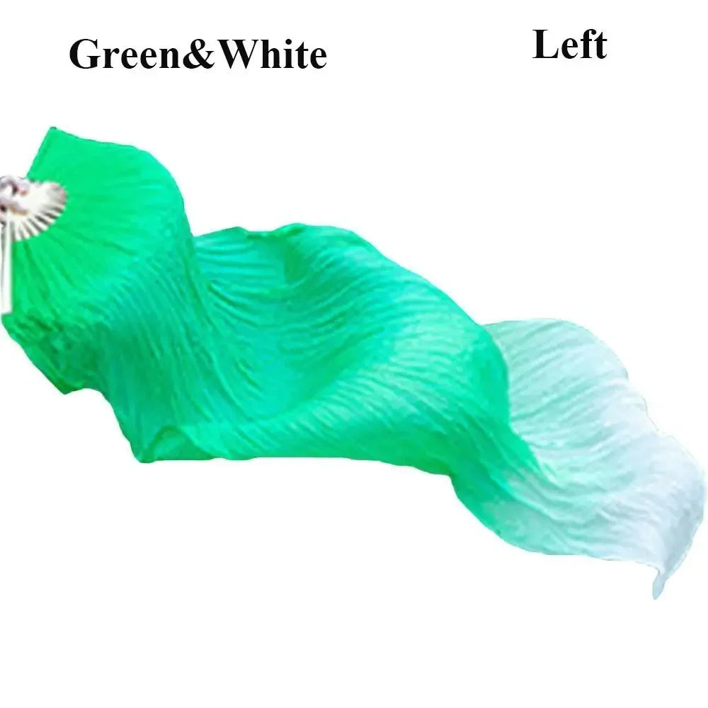 Green and white silk ribbon dance fan shown from the left side.