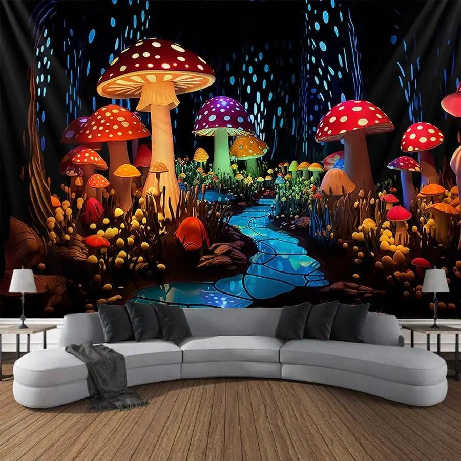 A large tapestry featuring glowing mushrooms and forest elements, displayed on a wall with a modern sofa.