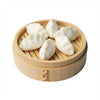 A set of realistic 3D steamer buns and dumplings in a wooden tray for fridge magnets