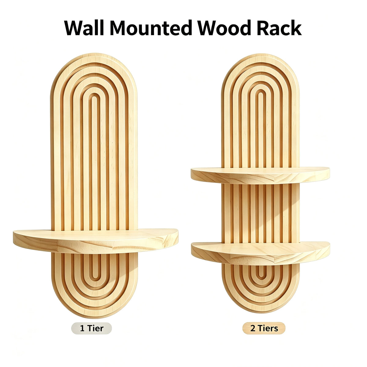 A pair of wall-mounted wooden racks featuring a vertical, ribbed design with one tier and two tiers.