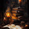 A dark, moody still life featuring stacked old books, a burning candle, and an open book on a wooden surface.