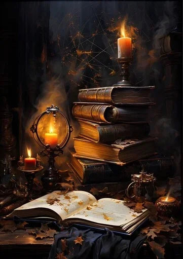 A dark, moody still life featuring stacked old books, a burning candle, and an open book on a wooden surface.