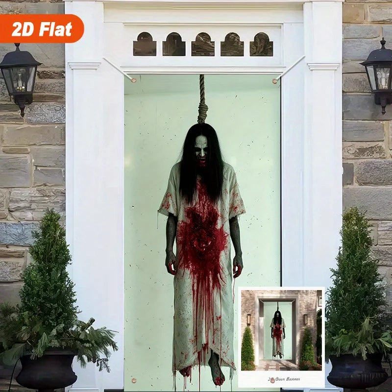 A spooky 2D Halloween door banner featuring a figure with a blood splatter effect in a white frame.