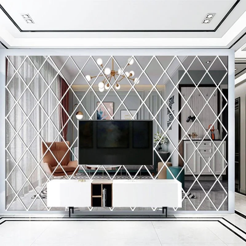 A modern living room featuring a diamond-patterned mirror wall and contemporary furniture.