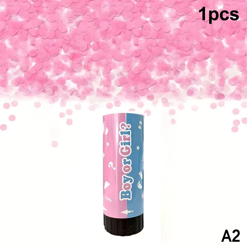 A pink confetti cannon product with a blue and white design against a background of pink confetti.