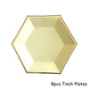 Eight gold disposable plates, 7 inches in diameter, arranged in a hexagonal pattern.