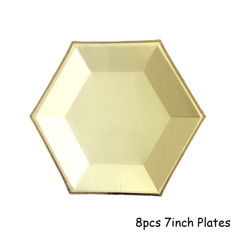 Eight gold disposable plates, 7 inches in diameter, arranged in a hexagonal pattern.