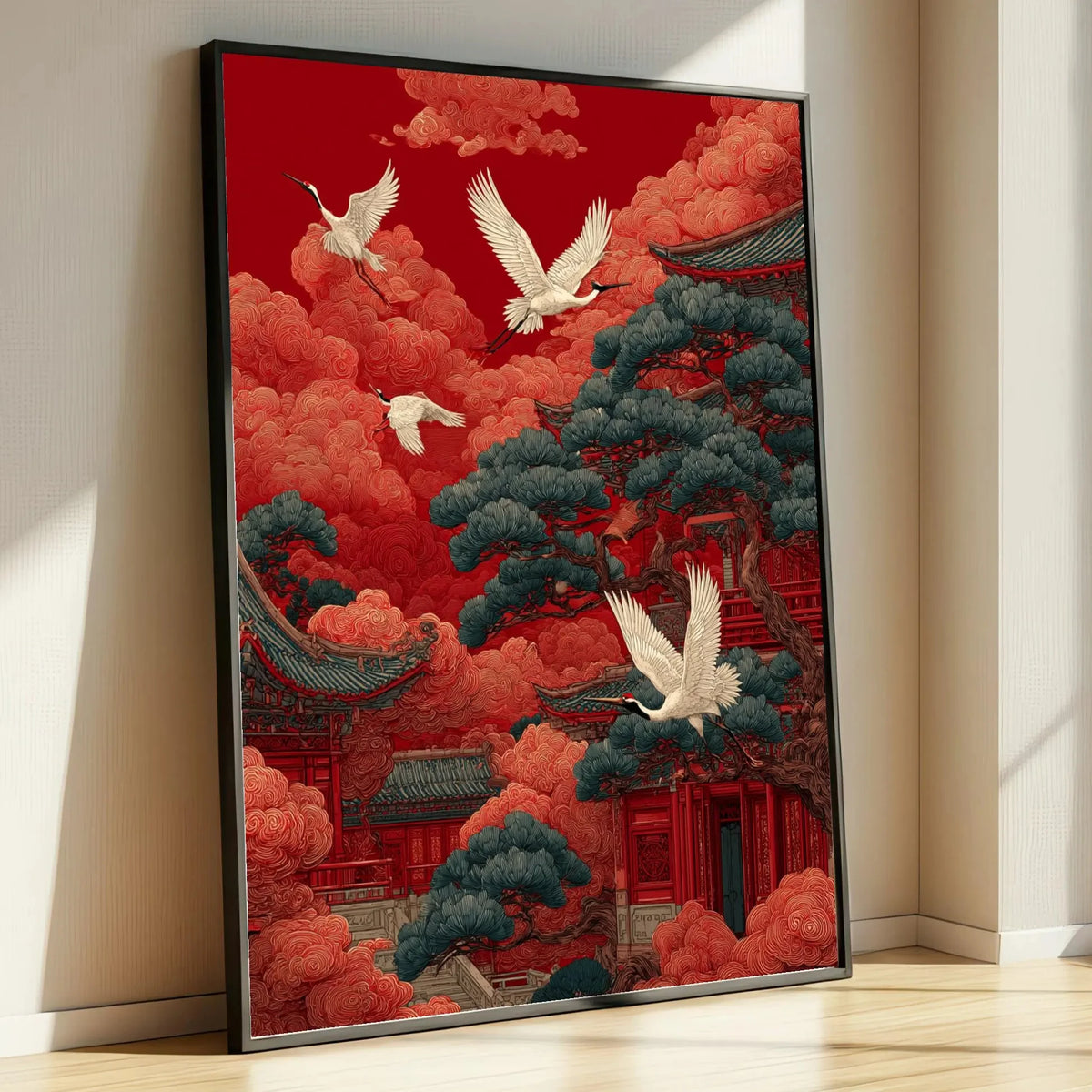 A vertical canvas wall art painting depicting a vibrant red landscape with stylized trees and white cranes.