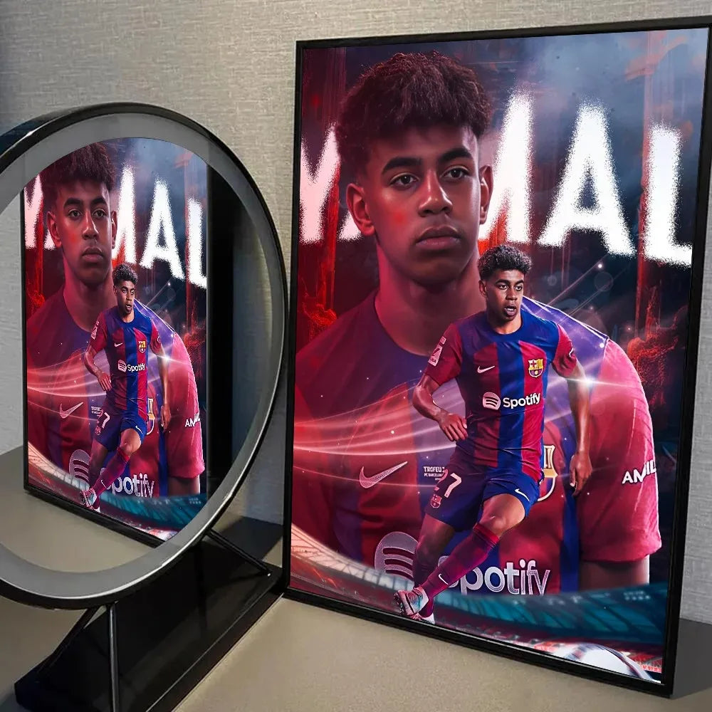 A framed poster print of Lamine Yamal in a football kit, featuring intense lighting and a dramatic background.