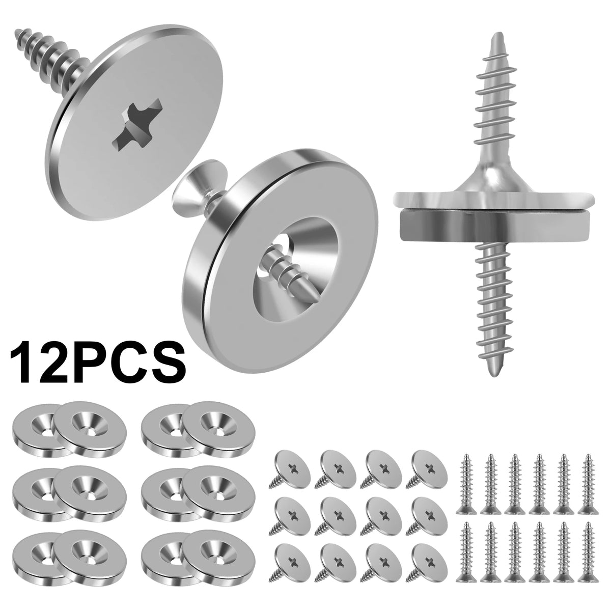 A set of 12 heavy duty metal cabinet door magnetic closers and various screws are shown.