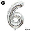 Silver foil number balloon shaped like the number 6, measuring 32 inches.