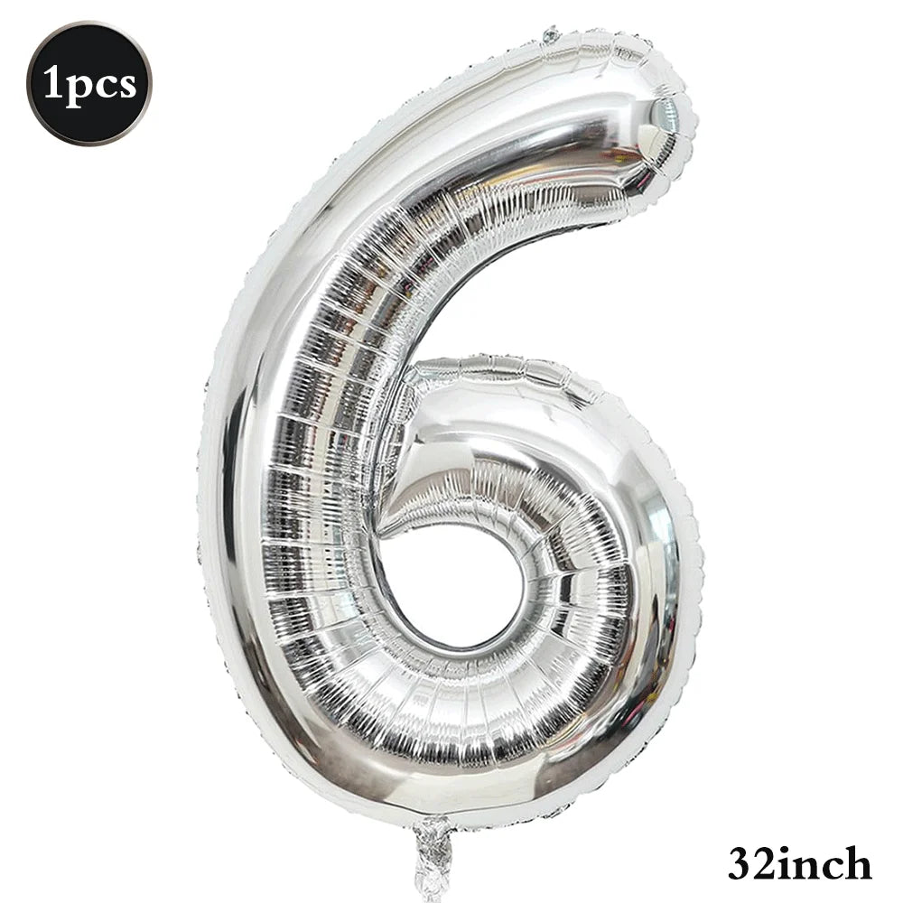 Silver foil number balloon shaped like the number 6, measuring 32 inches.