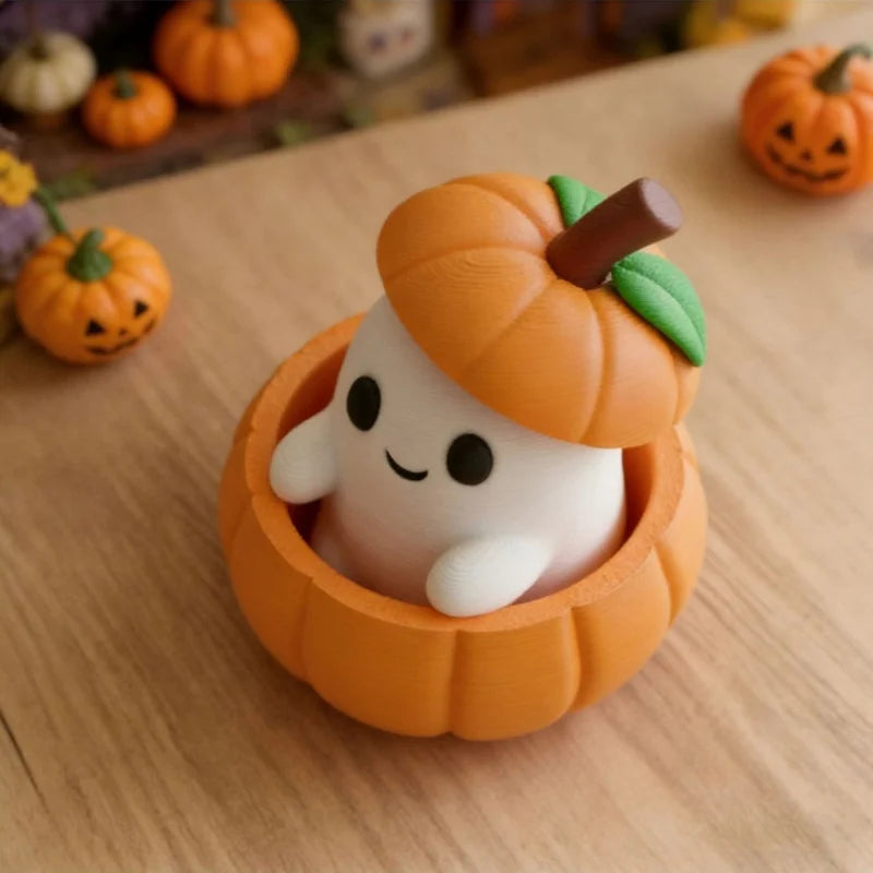 A small orange pumpkin shaped like an elf is sitting in a carved wooden bowl on a light wood surface.