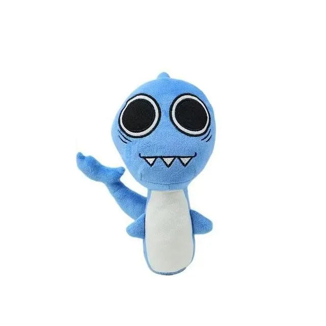 A blue collectible plush toy featuring large black eyes and sharp teeth.