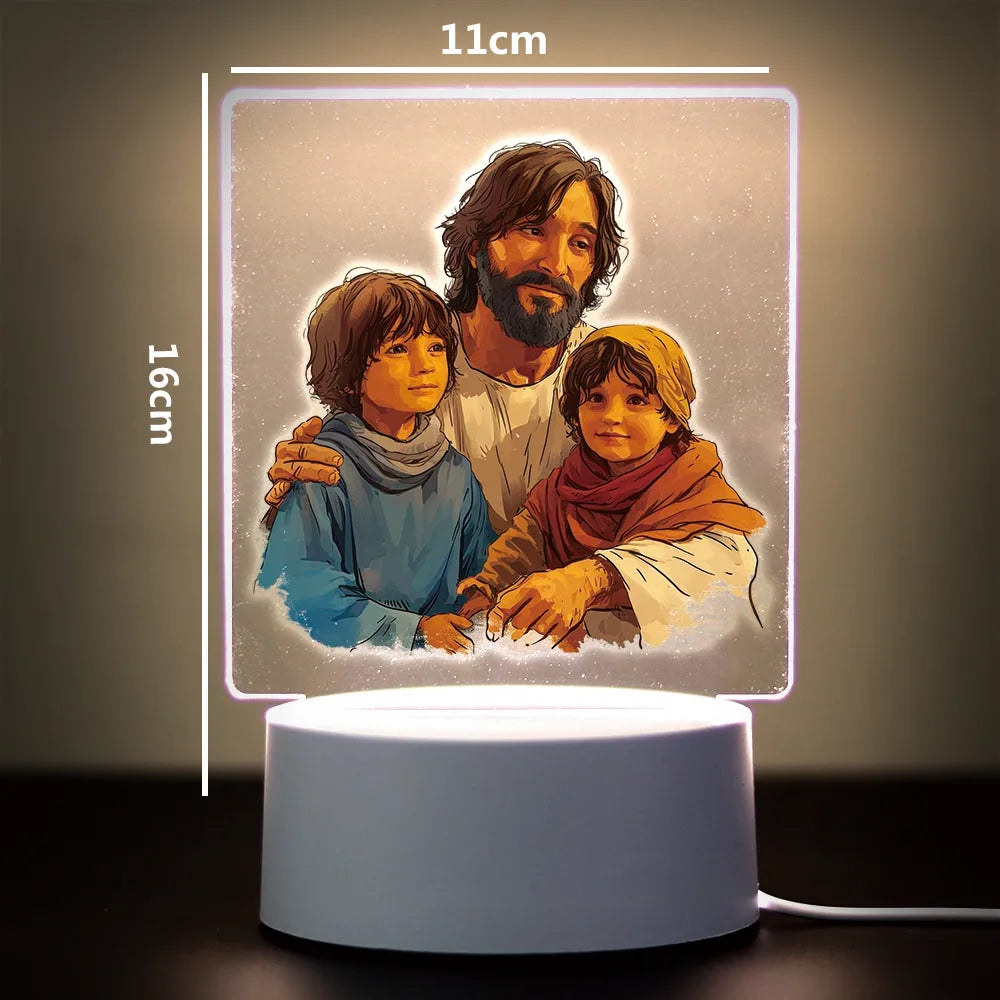 A 3D LED night light featuring a painting of a father and two children, illuminated with soft light.