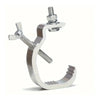 Silver aluminum C-clamp hooks used for securing stage lighting trusses.