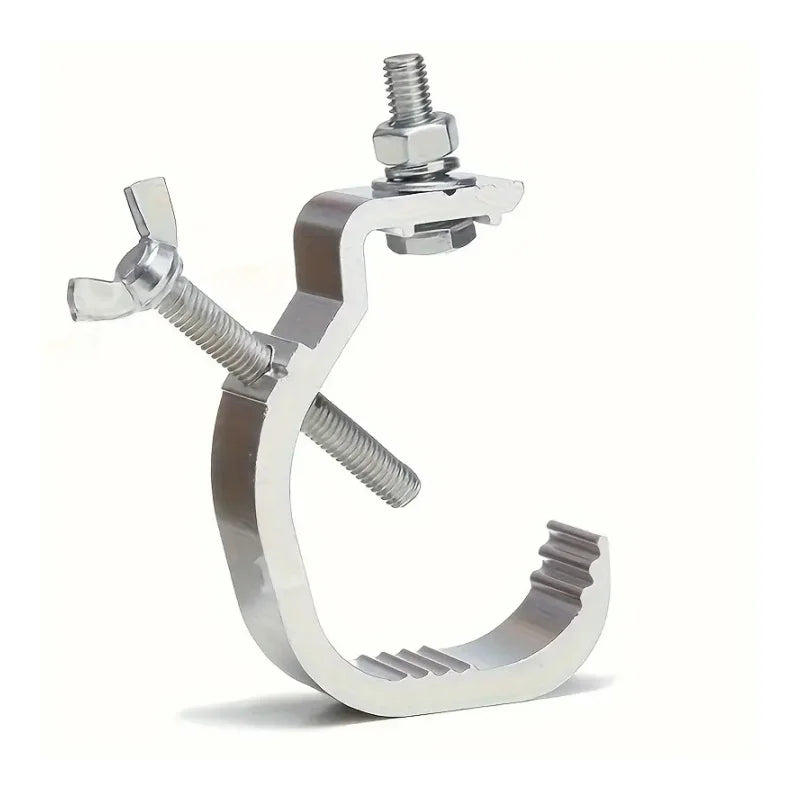 Silver aluminum C-clamp hooks used for securing stage lighting trusses.