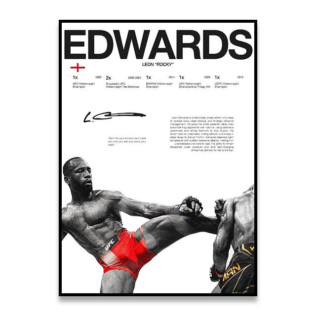 A black and white graphic design featuring the name Edwards and a list of UFC championship wins.