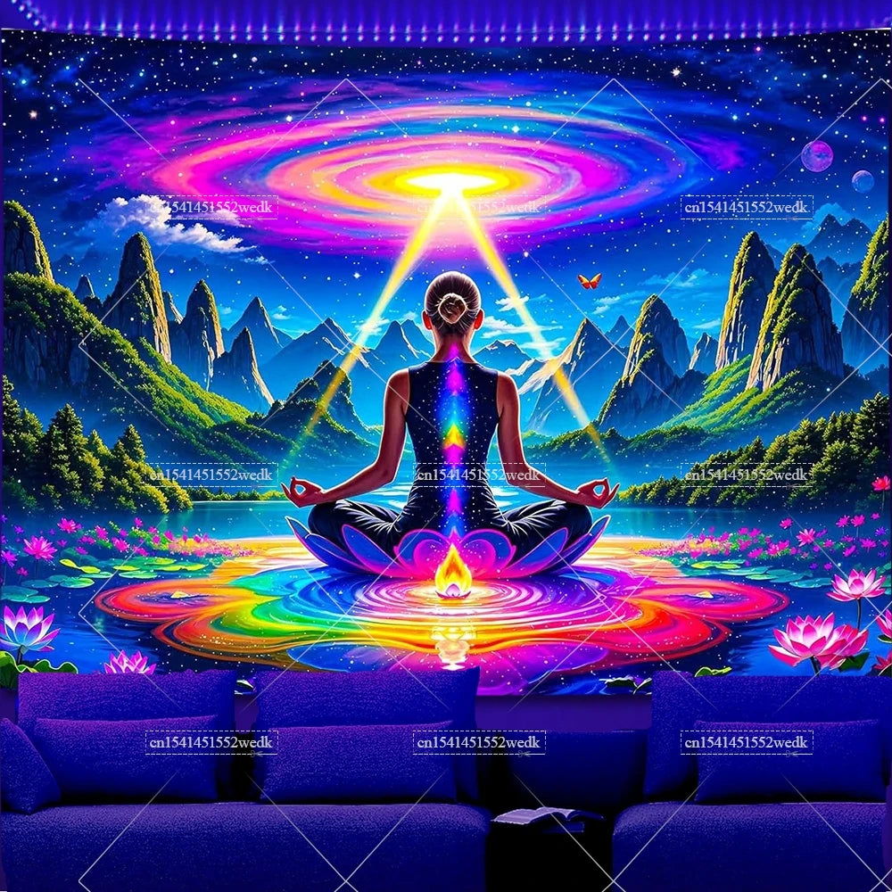 A person meditating with hands in lotus position standing before a vibrant cosmic background and glowing light.