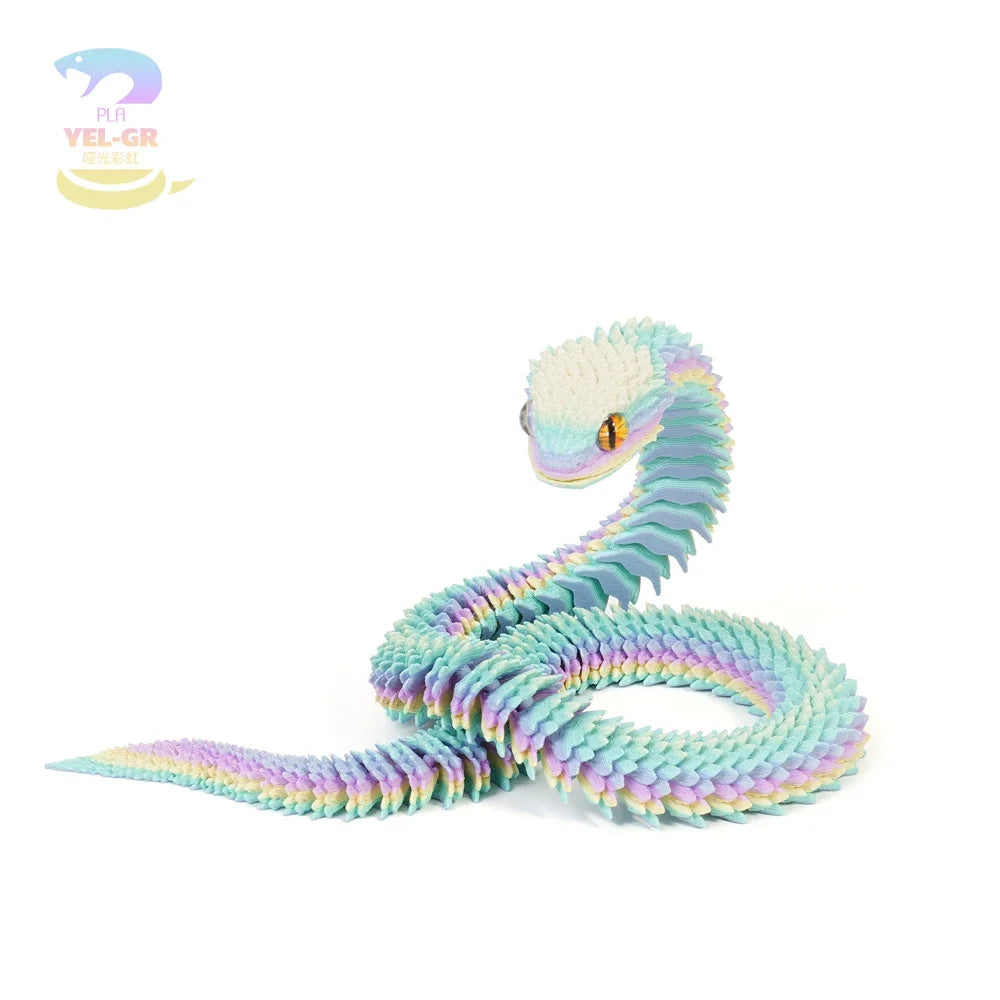 A light blue and purple 3D printed articulated snake fidget toy coiled on a white background.