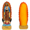 Hand-painted resin statue of Our Lady of Guadalupe featuring blue and gold colors.